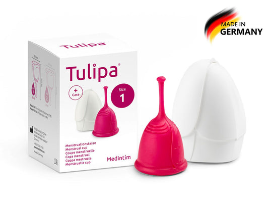 Tulipa Menstruationstasse von Medintim in zwei Größen mit Aufbewahrungsdose
