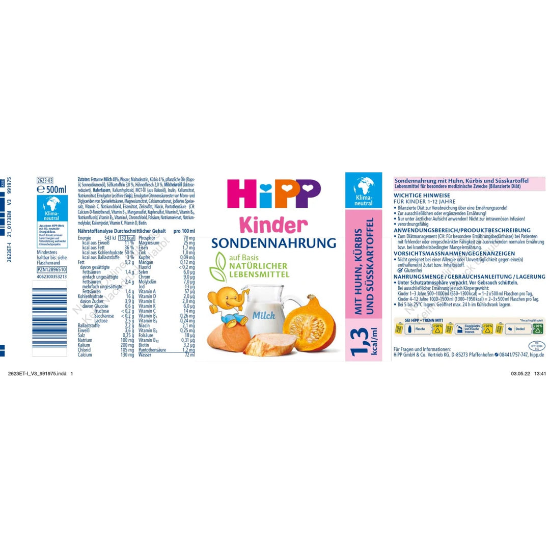 HiPP Kinder-Sondennahrung Huhn-Kürbis-Süßkartoffel 1,3 kcal/ml 12x500ml