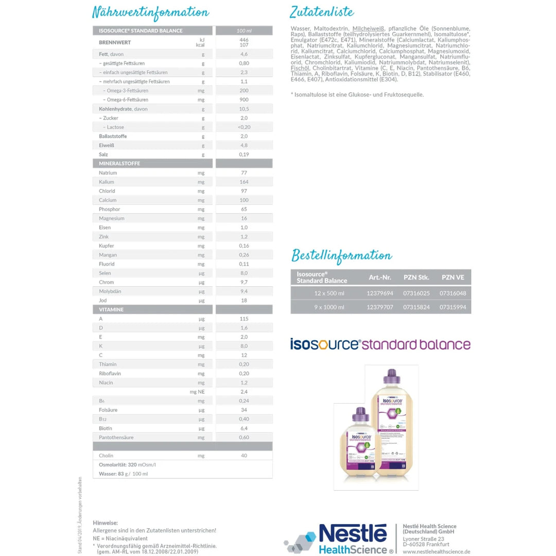 Isosource Standard Balance, optimiert für Diabetiker - 12x500ml